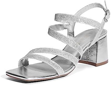 DREAM PAIRS Women's Low Chunky Block Heel Sandals Size SDHS2376W,Size 6,Silver-Glitter,SDHS2376W