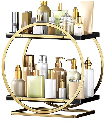Treesunshine Organizador de maquillaje, cesta de almacenamiento de cosméticos de 2 niveles, organizador de perfume, organizador de cuidado de la piel, organizador de baño para cómoda, dormitorio,