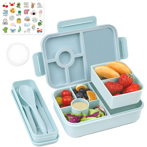 Bugucat Brotdose Kinder mit Fächern 1300ML 3PCS, Lunchbox Kinder Auslaufsicher mit 4 Fächern, Bento Box Lunch Box mit Fächern für Erwachsene, Frühstücksbox Vesperdose für Jungen&Mädchen Blau