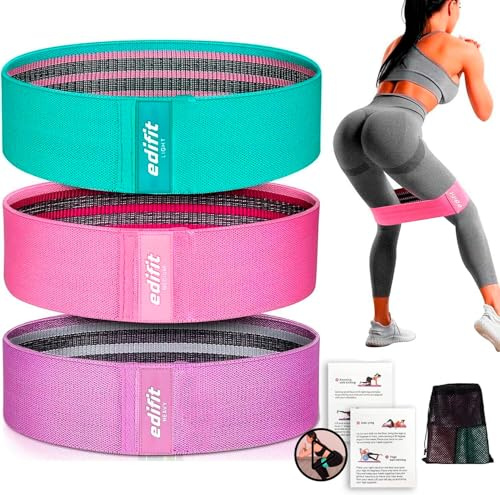 Edifit, motståndsband, elastisk, tejp med 3 motståndsnivåer, träning, halkfria gummiband, 3-pack, för gym, yoga, crossfit, pilates eller hemträning (lila, rosa och grön)