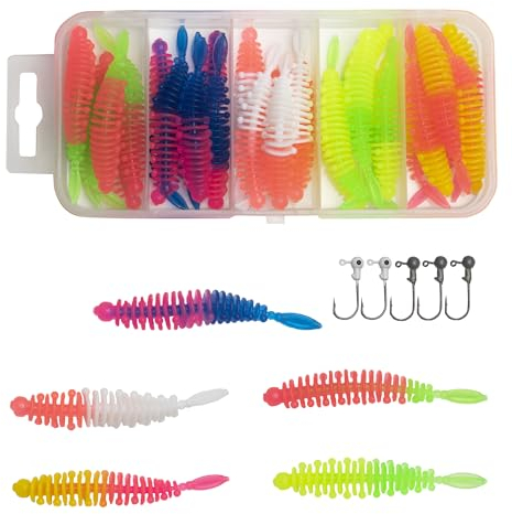 Forellenköder Gummifische Set, 30 Stück Gummiköder Forelle mit Jigkopf UV Forellenköder Wurm Kunstköder Lures Angelzubehör Forelle