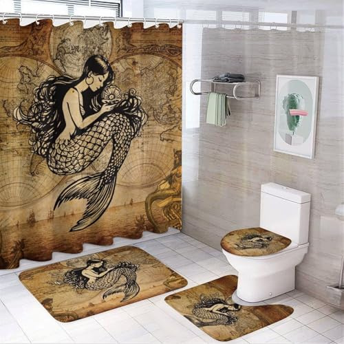FBMLBRB Rustic Nautical Mermaid 4 Pcs Waterproof Shower Curtain Set,Vintage Coastal Theme Old Maps Pirate Ship Print with Waterproof Toilet Cover Shower Mat Rugs