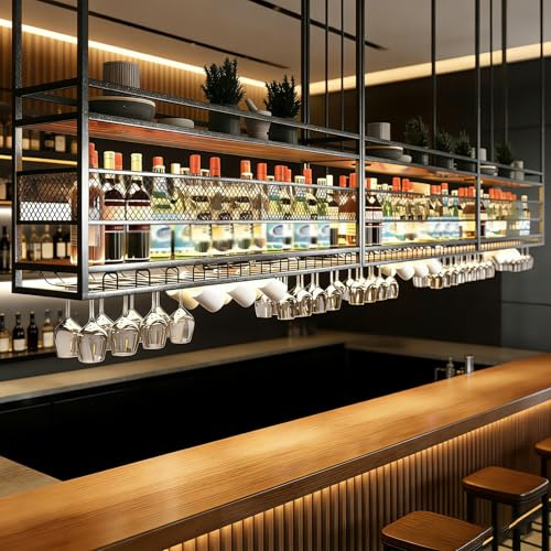 Portabottiglie da Soffitto, 2 Strati Portabottiglie da parete di grande capacitÃ , Portabottiglie Multifunzionale con Supporto Semplice per Bicchieri, Casa, Ristorante, Bar (BLACK, 120*30*50+40CM)