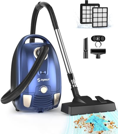Bagged Canister Vacuum Cleaner,1400W Powerful High-Suction Bagged Canister Vac with 3.7QT Dust Bags,Pop-N-Go Brush,HEPA Filter,Dual Motors&4 Cleaning Tools,Perfect for Low-Pile Carpets&Hard Floors