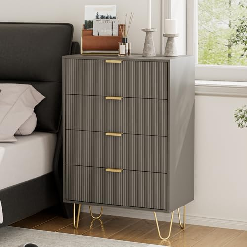 HEYZOEY Commode, Buffet avec 4 tiroirs, 34 x 60 x 91 cm, Armoire à tiroirs en bois avec pieds dorés, Meuble d'appoint moderne bohème pour chambre, couloir, salon, Gris