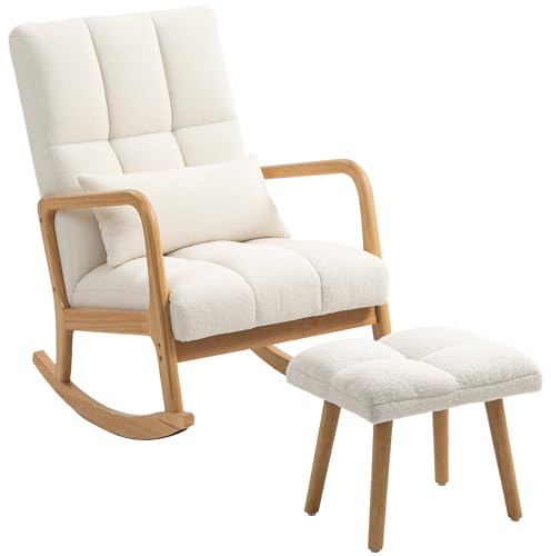 HOMCOM Fauteuil à Bascule avec Repose-Pieds, Rocking Chair en Tissu Bouclette, Assise Large, Pieds en Bois, Coussin Inclus, Chaise à Bascule pour Salon, Chambre, Balcon, Blanc