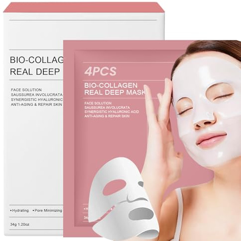 4 Pièces Masque Visage Collagène Bio, Masque Coréen Hydratant Nuit, Anti-Âge, Réducteur de Pores, Soin Visage Femme Peaux Sèches et Ternes, Bio-Collagen Real Deep Mask