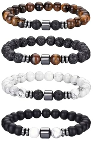 OUDQFCJ Bracelet pour Homme, 4 pièces Bracelets extensibles en Pierre Naturelle, Œil de Tigre, Pierre de Lave, Bracelet Perles, Bijoux Homme, Cadeau Personnalisé pour Papa, Mari, Copain, Couple
