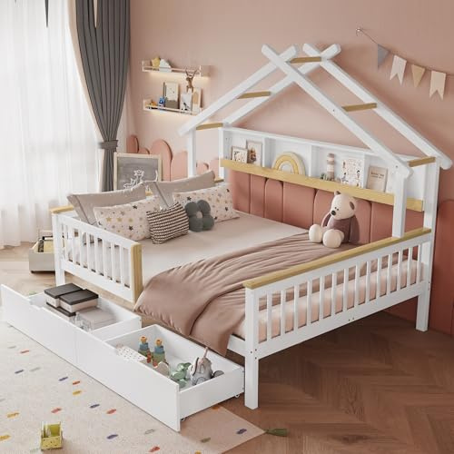 Trdlpyn Letto a Casetta per Bambini 140x200 cm con Ripiano Portaoggetti da 2m e Due Cassetti su Ruote, con Protezione Anticaduta e Sponde, Letto per Ragazzi, Struttura in Legno Massello