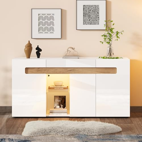 Moderno armario de comedor de tres puertas, iluminación ambiental, armario de salón con control de aplicación, 140 x 40 x 70 cm, muebles de salón brillante, color blanco con estantes de cristal