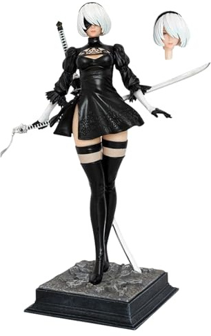 NlsqUK 2B Game Position Statue, Interchangeable Head PVC Model, Anime Collection Gifts for Fans(Black,28cm)
