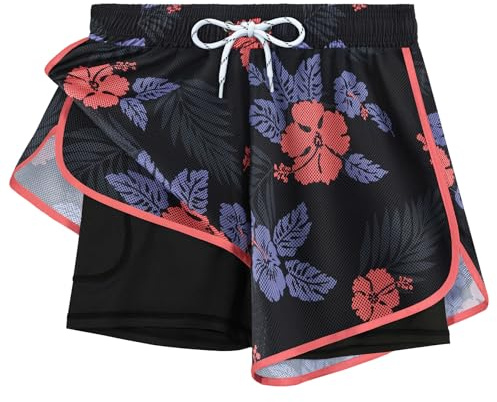 APTRO Women Swim Shorts Board Shorts with Liner Beach Surf Floral Summer Gym Shorts Mesh Flower Rose L