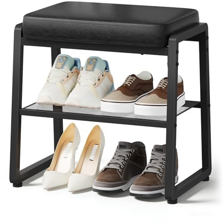 HOOBRO Banc à Chaussures avec Assise Rembourrée, Mousse de 5 cm d’Épaisseur, Étagère de Rangement en Dessous, Banc d’Entrée, Structure Métallique, pour Entrée, Salon, Chambre, Noir EBB26RHX01
