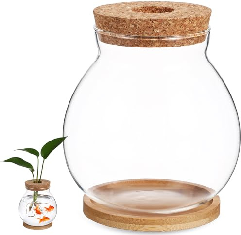 Warmhm Glass Fish Bowl with Bamboo Lid and Mat, terrarium jar