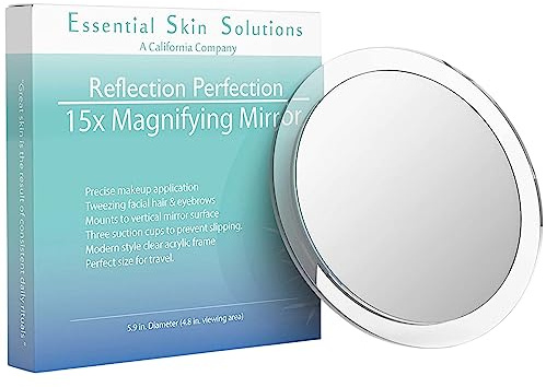 15X Magnifying Mirror – Use for Makeup Application - Tweezing – and Blackhead/Blemish Removal – 6 Inch Round Mirror with Three Suction Cups for Easy Mounting - Great for Travel