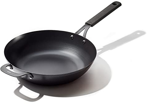 OXO Obsidian Pre-Seasoned Carbon Steel, 12 Wok Pan with Removable Silicone Handle Holder, Induction, Oven Safe, Black