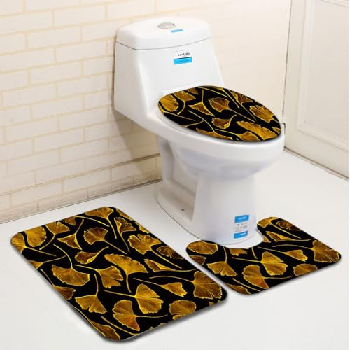 Badezimmerteppich Set 3 Teilig Goldenes Ahornblatt Und Schwarz Badematten Set Mikrofaser Badteppiche und WC Vorleger mit Ausschnitt Waschbar rutschfeste Badvorleger Toilette Teppich