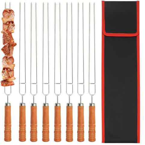 BIGP Grillspieße 8 Stück mit Nylontasche, 41.8 cm Flacher Edelstahl-Grillspieß Vermeiden Sie Rostbildung, Holzgriff Doppelspieße, Grill Kabob Spieße, für Lagerfeuer Oder Grillschale