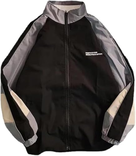 Pbkabiug Vintage Women Jackets Hip Hop Style Patchwork Windbreak Unisex Streetwear Lightweight Jackets Bomber Jackets (Black grey,L,Large)