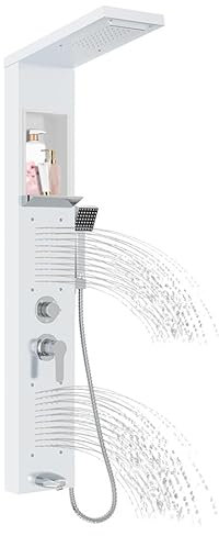 Aufun Duschpaneel aus Edelstahl mit Ablage und Armatur, 5 Funktionen Duschsäule Regen&Nebel, 4 Breitwinkel Verstellbare Massagedüsen, Handbrause und Wasserfall-Wanneneinlauf, Duscharmatur, Weiß