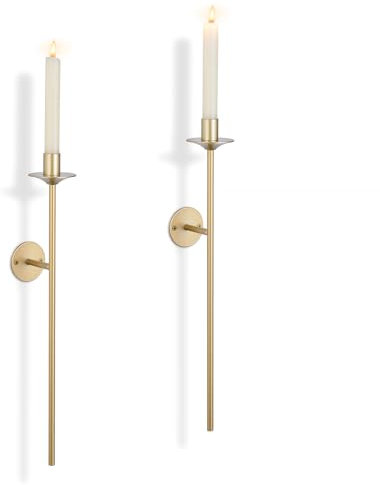 Sziqiqi Gold Wall Candle Holders: Mounted Sconces for Tapered Candles, Modern Candlestick Holders, Metal Sticks for Bedroom, Living Room, Bathroom, Dining Room - Set of 2