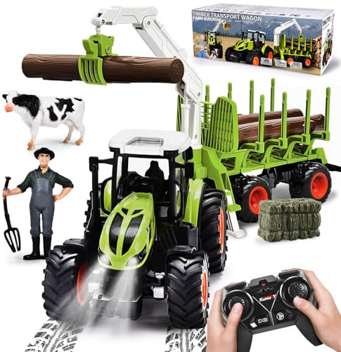 BuzzoXerex RC Tractor with Trailer and Light, 1:16 Scale, 2.4 GHz, Includes Tree Trunks, Cow, Hay Bales - Gift for Kids 3-6 Years