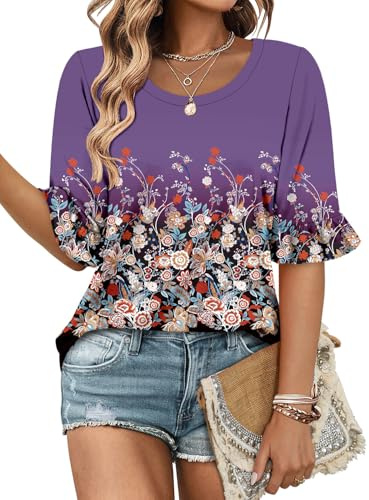 Magritta Womens Half Sleeve Summer Cute Boho Tops Casual Blouse Basic Crew Neck T Shirts Ladies Oversized Summer Tee Tops Purple XX-Large