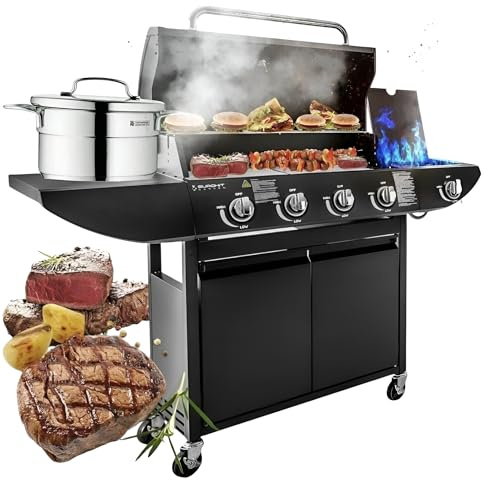 Campfire Original Barbecue BBQ 5 Gas Burner 4+1 Garden Grill, Steel Warming Rack, Side-Burner, Storage & Built-in Temperature Gauge for Home Garden Party Outdoor Cooking