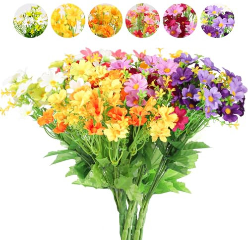 Yafe 6 Bundles Artificial Flowers, 6 Colors UV Resistant-Daisy Silk Artificial Fake Flowers, Plastic Flowers for Indoor Vase or Outside Hanging Planter Home Garden Decorating