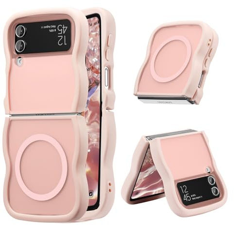 UEEBAI Magnetic for Samsung Galaxy Z Flip 3/Z Flip 4 Case, Compatible with MagSafe, Transparent Clear Wave Frame Design Soft Edge Cover Matte Shockproof Phone Case- Pink