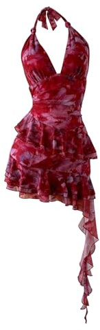 Verdusa Women's Summer Y2k Halter Mini Dress Mesh Backless Floral Ruffle Wedding Guest Dresses Red Medium