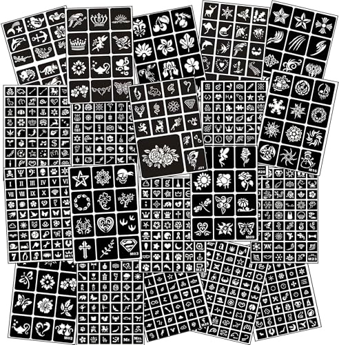 Temporary Tattoo Stencils for Women Girls and Kids, 600+ PCS Henna Tattoo Stencil Kit,Temporary Indian Arabian Glitter Airbrush Tattoo Stencils for Face Body Paint DIY