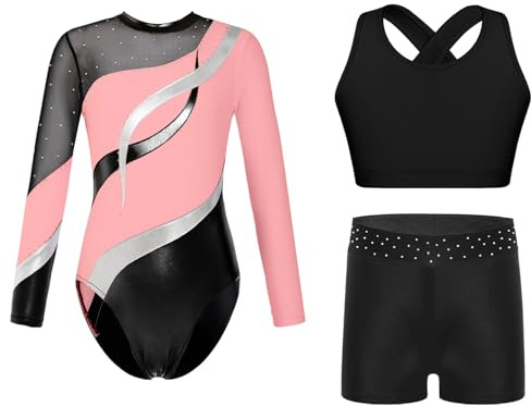 Sinleey 3-teiliges Gymnastikanzug Mädchen Turnanzug Langarm Kinder Leotard Tanz Ballet Mit Shorts und BH Sports Gymnastik Outfit Sport Fitness Set Kostüm B Rosa 146-152