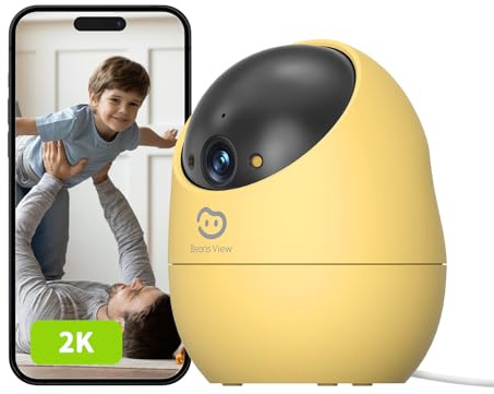 Beans View 2K (3MP) Cámara de Interior para Seguridad, Vista de 360, 2.4GHz Wi-Fi, Cámara Mascotas/Perros/Gatos, Visión Nocturna en Color, Detección Humana, Autoseguimiento, Compatible Alexa, Amarillo