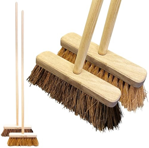 Twin Pack Garden Broom Outdoor Heavy Duty - Stiff Yard Brush Bassine and Soft Bristle Broom Coco - Yard Brush Heavy Duty Outdoor for Dual Purpose Cleaning, Easy Assembly, 120cm Wooden Handle