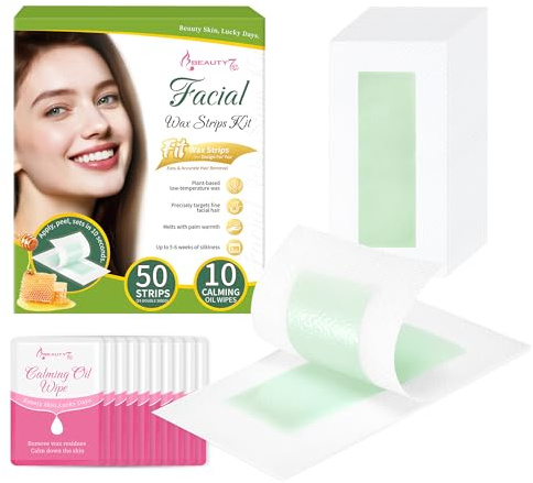 Beauty7 Bandas de Cera Fría para Depilatoria Facial Listas para Usar, 50 Tiras de Cera con 10 Toallitas Calmantes para Todo Tipo de Piel para Mujer