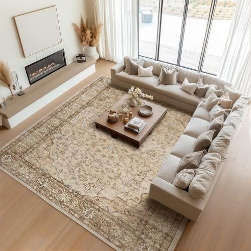 Topfinel Vintagematta 240 x 340 cm Boho matta med kort lugg, tvättbar, halkfri, mjuk vardagsrumsmatta för sovrum, matsal, kontor, beige, extra stor orientalisk matta