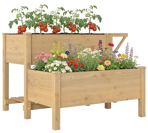 Outsunny Hochbeet 2-Stufig mit Seitentisch 119,5 x 102 x 76,5 cm Hellbraun