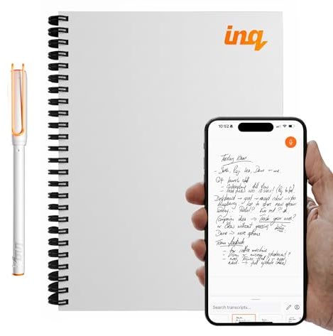 inq Smart Writing Set – Converts Handwriting to Text – Real Ink on Real Paper - AI Note Taking, Voice Recording and Transcription, For iPhone and Android - Smart Pen & Notebook (Letter Size), White