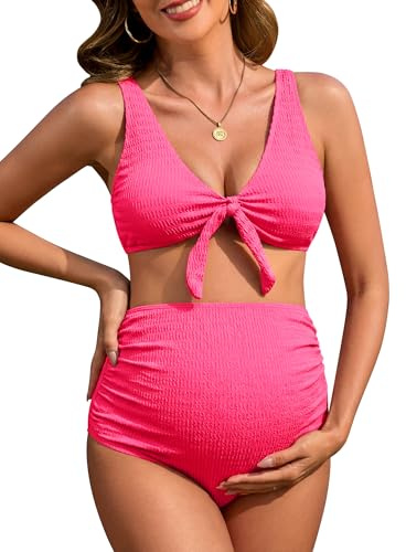 FEOYA Embarazada Bikini Cuello En V EStivi Dos Piezas Eleganti Traje De Baño De Maternidad para Mujer Traje De Baño De Maternidad para Embarazo Rosa XS