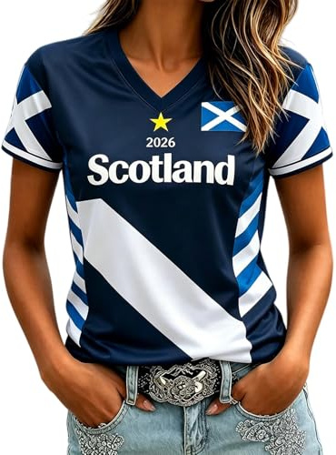 Skottland fotboll toppar kvinnor 2026 VM skjortor grafiska tryckta sport träningströjor lätt andningsbar England fotboll skjorta kortärmad v-hals damer fotboll t-shirt Skottland tröjor, 02#vit, S