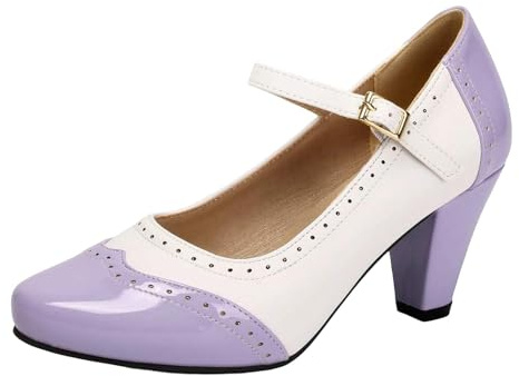 Zapatos tradicionales para mujer, elegantes zapatos tiroleses Mary Jane Two Tone Classic y Retro Oxford, zapatos de tacón cerrado, cómodos zapatos de tacón ancho, zapatos de boda anchos, D01 Light