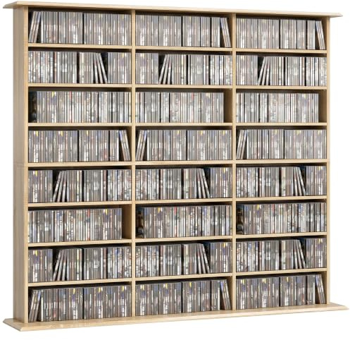 HOMCOM Rangements pour CD et DVD 145x24x126,3cm Chêne | Meuble de Rangement Multimédia, Capacité Max. 1032 CDs/594 DVDs et Blu-ray, 24 Compartiments et 18 Étagères Réglables