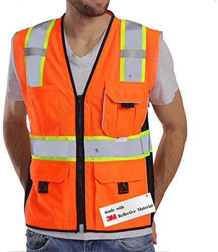 Dib Safety Warnweste, reflektierend, orangefarbenes Netzgewebe, hohe Sichtbarkeit, Weste mit Taschen und Reißverschluss, strapazierfähige Weste mit 3M-Reflektorband, Größe XL