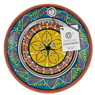 CERÁMICA RAMBLEÑA | Plato Decorativo para Colgar en Pared | Plato de cerámica | Plato decoración Mediterránea Azul-Blanco-Amarillo | 100% Hecho a Mano | 35x35x6 cm
