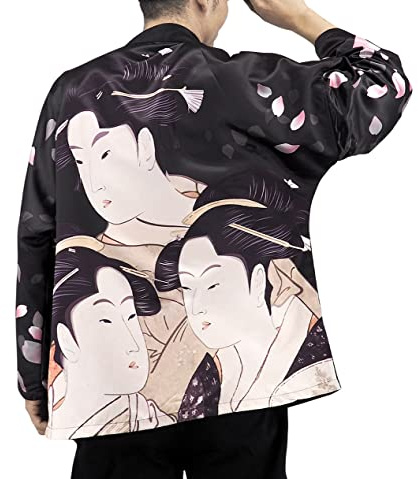 CoolChange Veste kimono avec motif Geisha japonais | Cape traditionnelle japonaise Haori | avec motif asiatique | Noir | Tailles : S/M, L/XL, Noir , S-M
