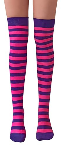 NuJake Calzini sopra il ginocchio a righe per ragazze, per travestimento a tema, cosplay, Natale e Halloween, taglia 36-38, Rosa e viola., 4-5.5
