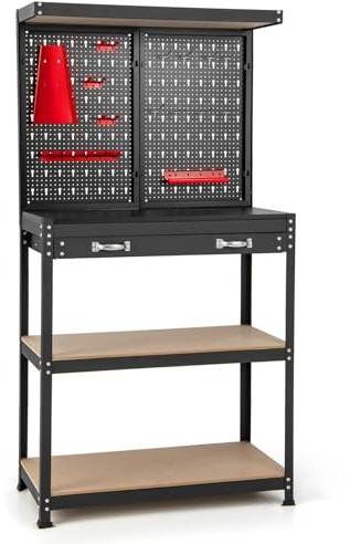COSTWAY Banco da Lavoro con Pannello Forato, Banco da Lavoro con Scaffali e Cassetti per Utensili, 14 Accessori Appesi, Telaio in Metallo, per Garage e Officina (Rosso+Nero, 81 x 41 x 155 cm)