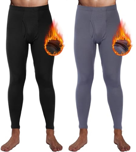 Casuallined 2 Pack Thermal Men Long Underwear Pants Winter Warm Fleece Lined Underwear Bottom Cold Weather Base Layer Legging (Black, Dark Gray,Large)