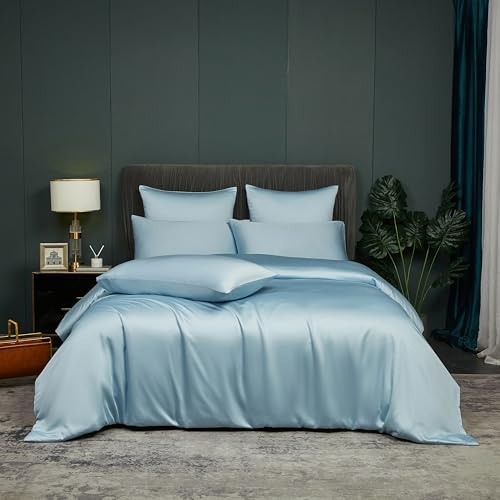 DXHOME Bambu sängkläder blå ljusblå 135 x 200 cm bambufiber sängkläder sängkläder sängkläder slätt lyx sommarsängkläder andas kylning enkelsäng påslakan med dragkedja och 1 örngott 80 x 80 cm